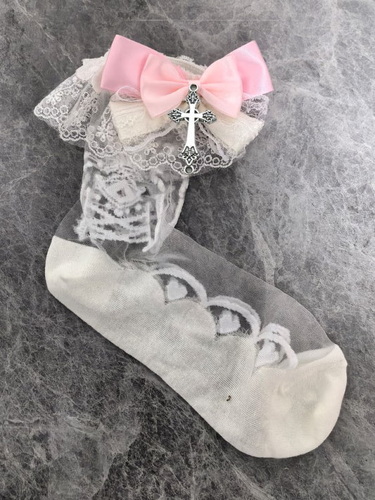 White Lolita Semi-sheer Calf Socks With Lace Cuffs And White/Gray/Pink Bowknot Details