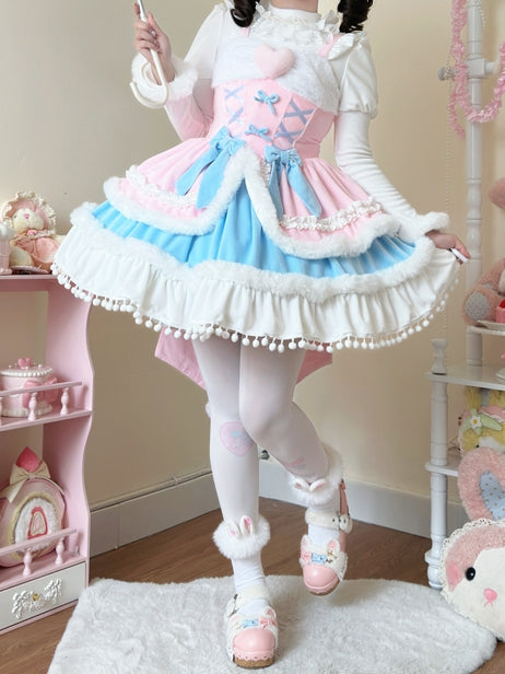 Plush Trimming Pink Sweet Lolita Dress for Autumn and Winter