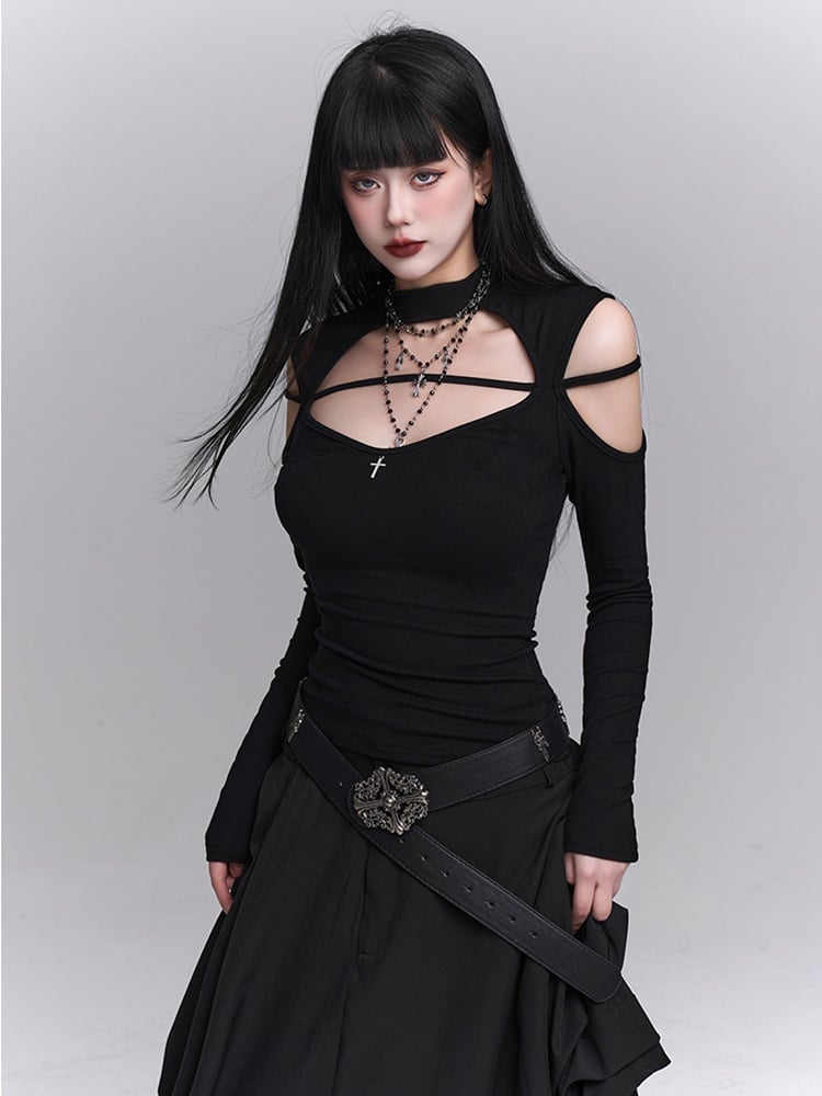 Black Crew Neck Cutout Shoulder Cross Embellished Top
