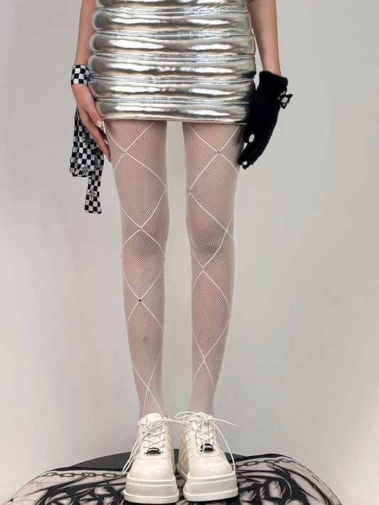 Black/White/Red Rhinestone Decorated Crisscorss Banded Tights