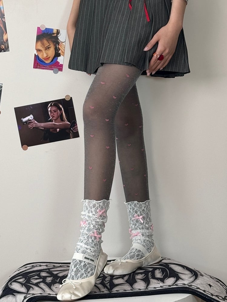 Black&Purple/Gray&Pink Heart Pattern Tights