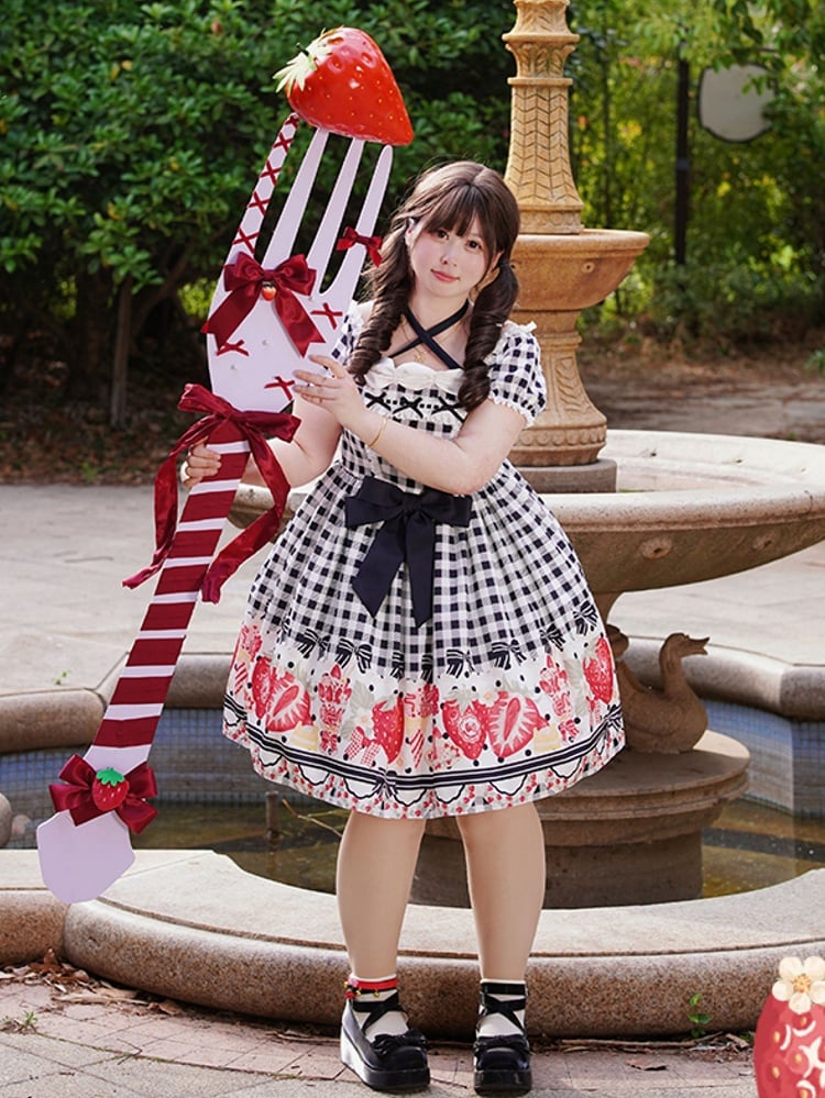 Plus Size Black Bow and Strawberry Print Lolita Gingham Dress