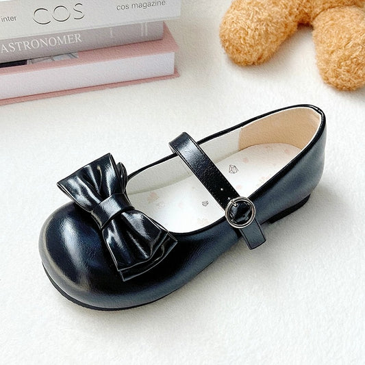 Low-heel Black Sweet Style Mary Janes - Round Toe with Ring Fastener & Bow Details