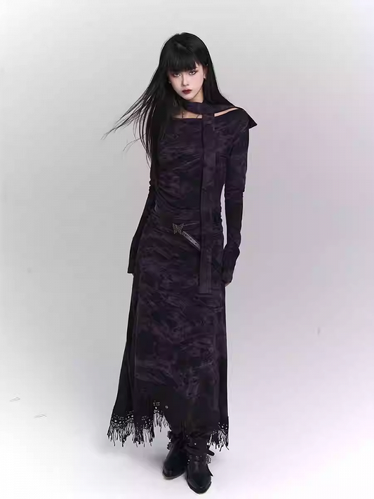 Wasteland Punk Purple Asymmetrical Tassel Hem Side-Slit Dress