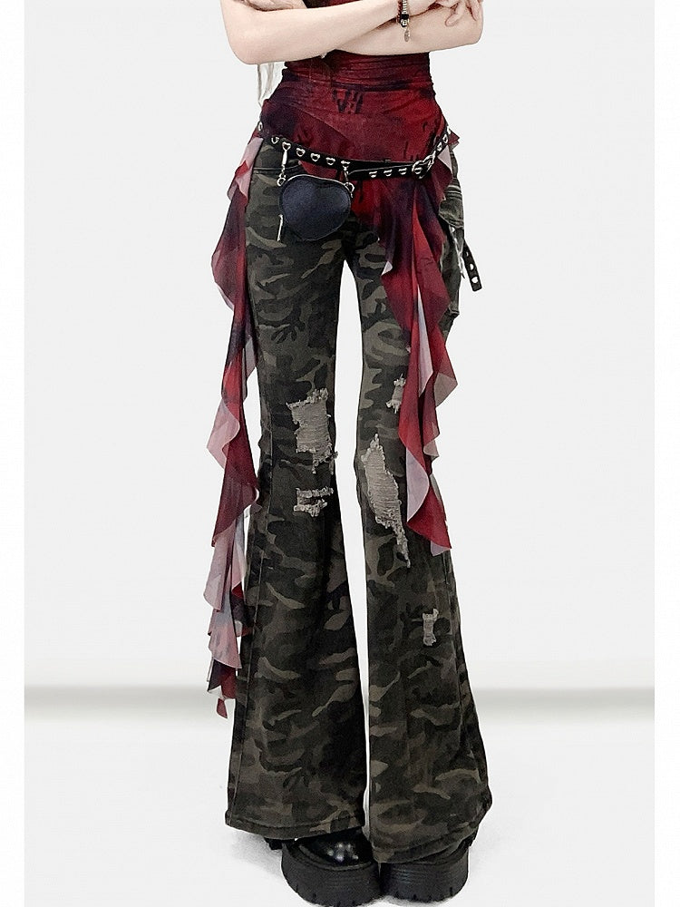 Army Green Camo Pattern Distressed Holes Details Flare Silhouette Jeans