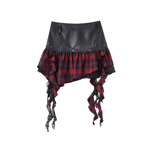Y2K Asymmetrical Ruffled Red Plaid Hem Black PU Punk Skirt