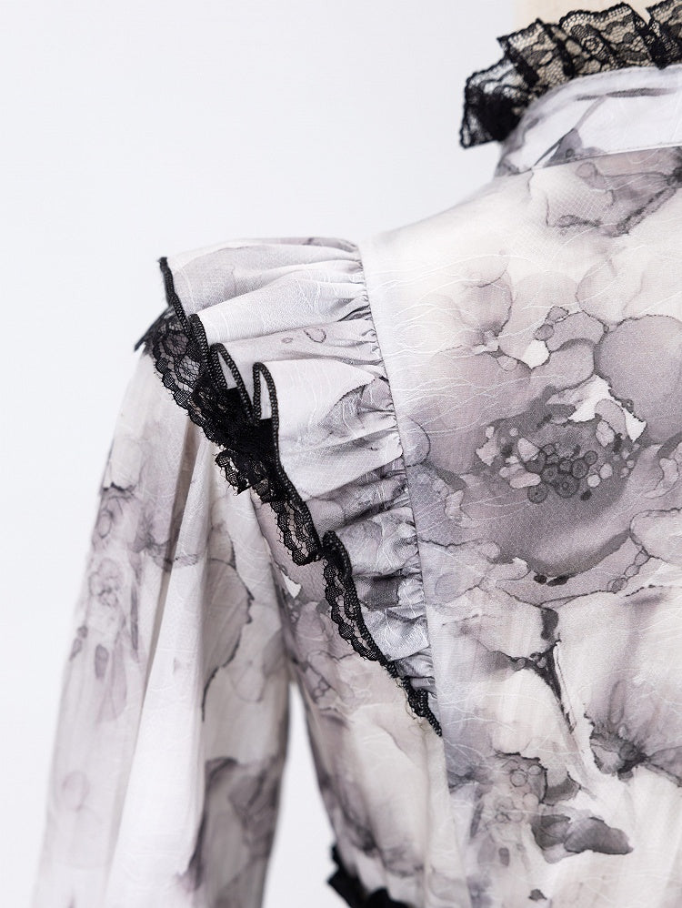 Elegant Gray Floral Jirai Kei Blouse