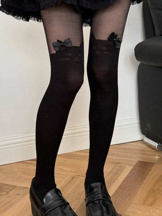 White/Black Lolita Kitty Print Bowknot Details Tights