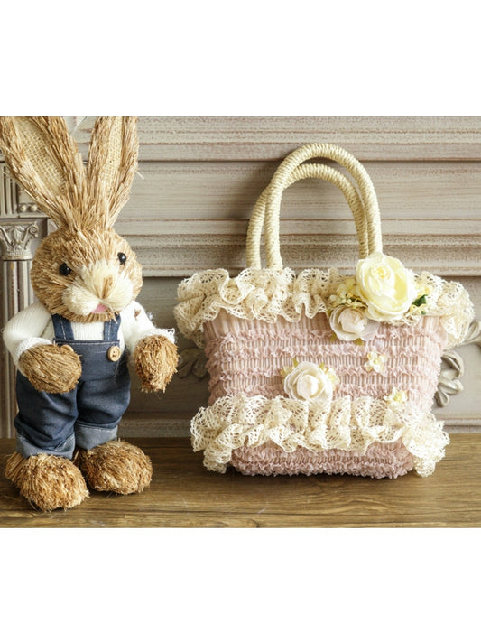 Beige/Pink Lace-Trimmed Country Woven Handbag with Flower Accents