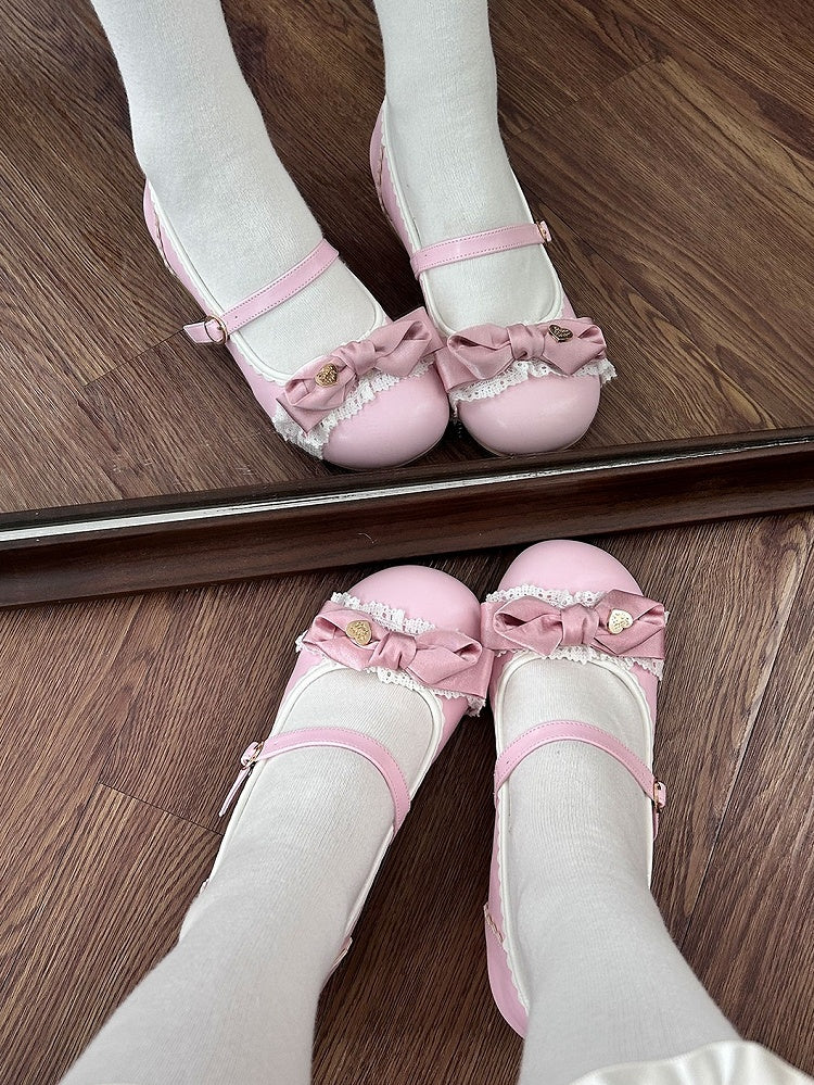 Elegant Lolita Light Pink Mary Janes - Heart-Embellished Bow with Lace Trim & Scalloped Edge