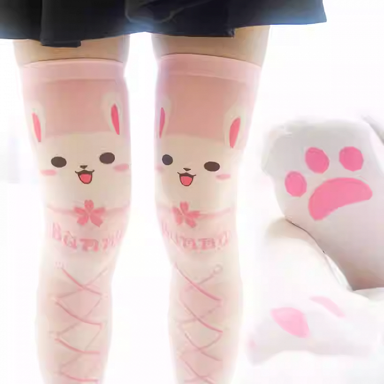 Pink Bunny Pattern Crisscorss Banded Over Knee Stockings