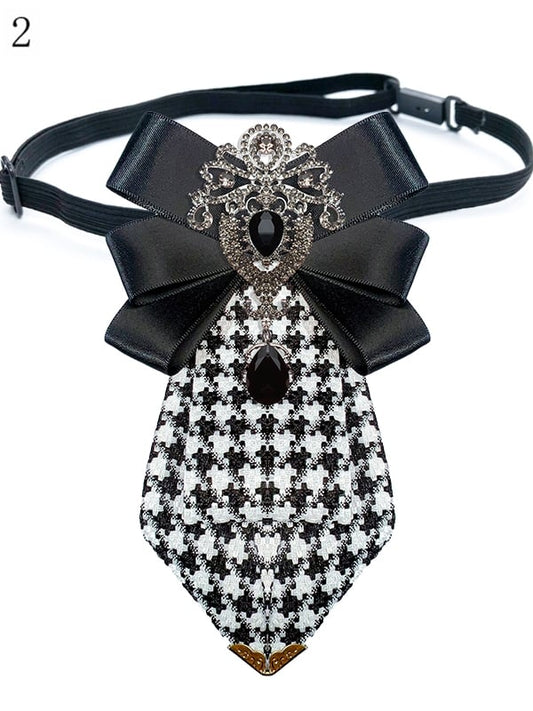 4 Options Rhinestone Decorated Bowknot Design Houndstooth Pattern Neck Tie