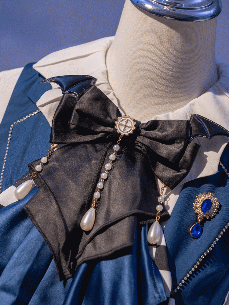 Bat Wing Detail Dark Blue/Brown/Purple Checked Pattern Layered Jabot Tie