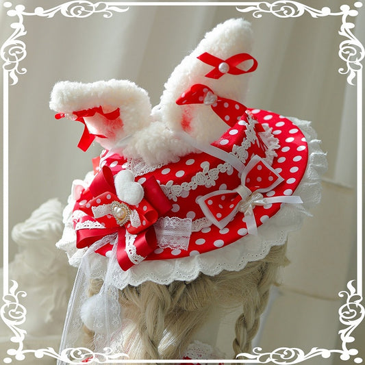 5 Color Options Polka-dot Pattern Beaded Decorated Bowknot Details Plush Bunny Ear Flat Hat