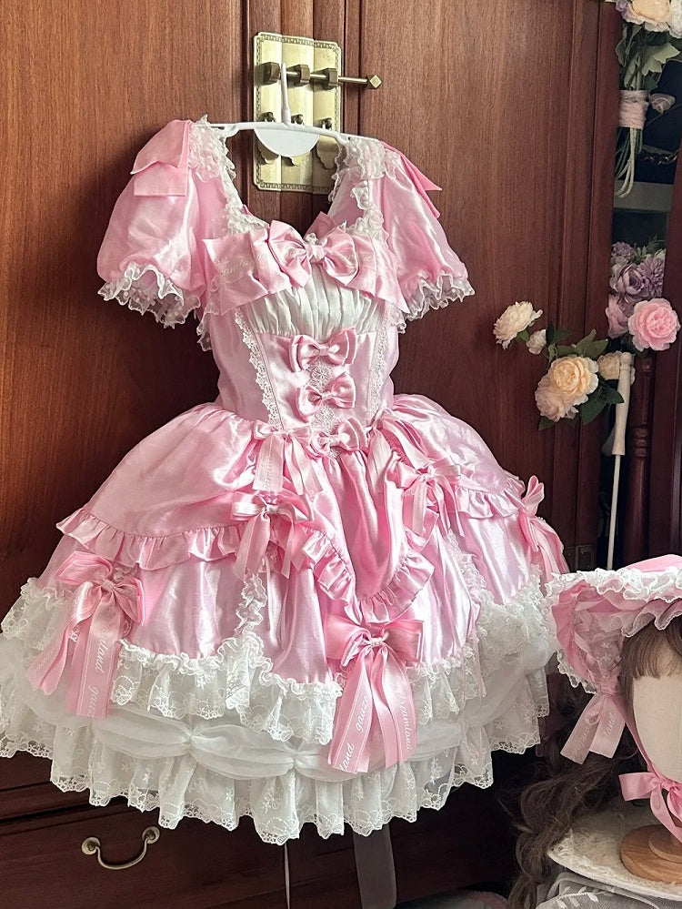 Clearance-Size S for Bust 84-90CM Light Pink Bow Accents Sweet Old School Lolita Princess Dress with Detachable Bell Sleeves