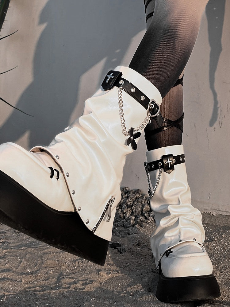 White Punk Cross Decorated Heart Buckle Studs Details Platform Boots