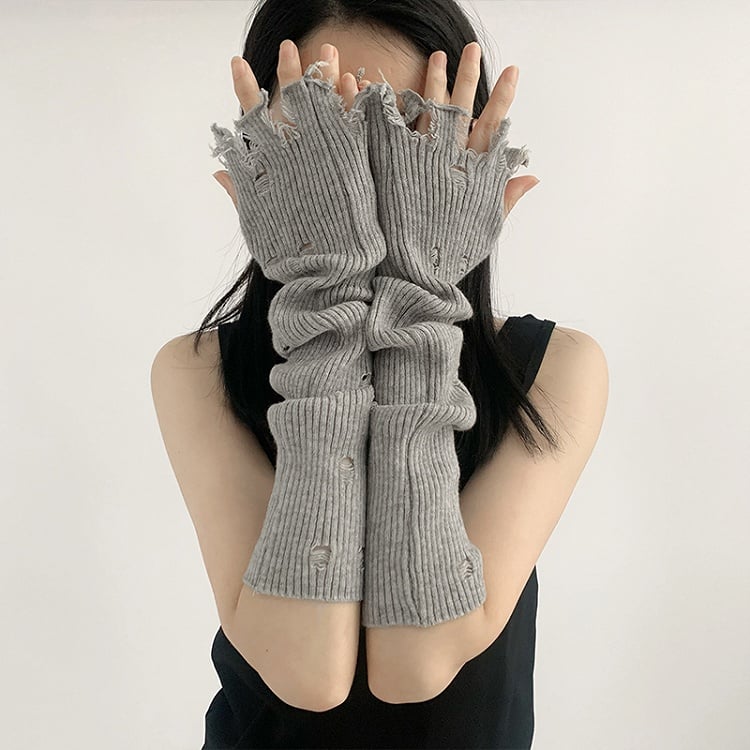 Distressed Holes Fingerless Knitted Long Gloves 5 Color Options
