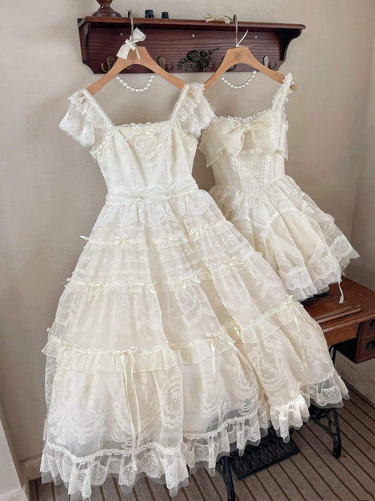 Creamy White Beads Neckline Ribbon Bow Accents Princess Lolita Dress