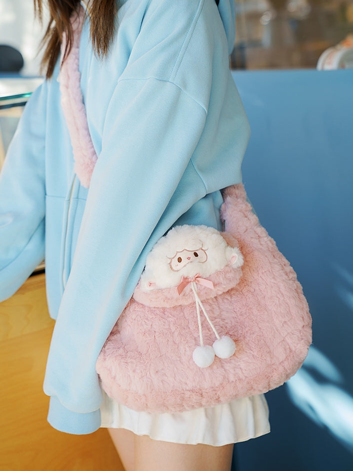 Pink Cute Little Lamb Plush Shoulder Bag With Pompons