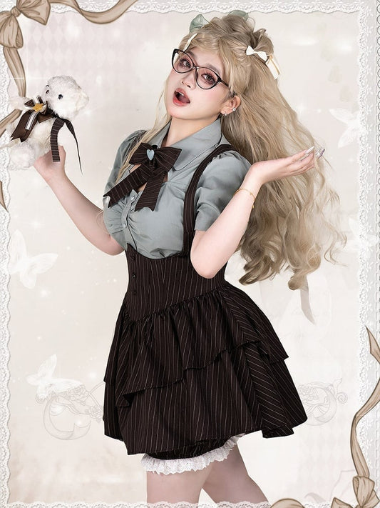 Plus Size Preppy Style Mint Blue Heart Buttons Short Sleeves Blouse