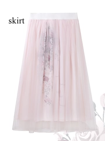 Pink Illusion Neckline Elegant Classic Lolita Top + Floral Print Skirt + Beaded Necklace Set