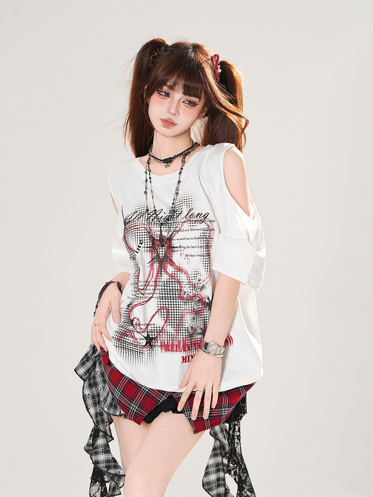 Plaid Hem Cutout Shoulder Black/White Graphic T-shirt