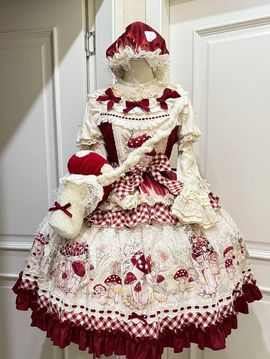 Plush Red & Beige Mushroom-Shaped Lolita Bag with Bow Accents