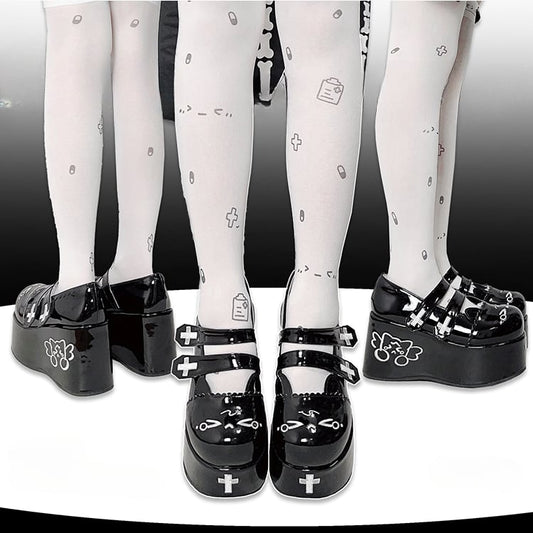 Crying Kitty and Cross Embroidery Black Velcro Straps Platforms