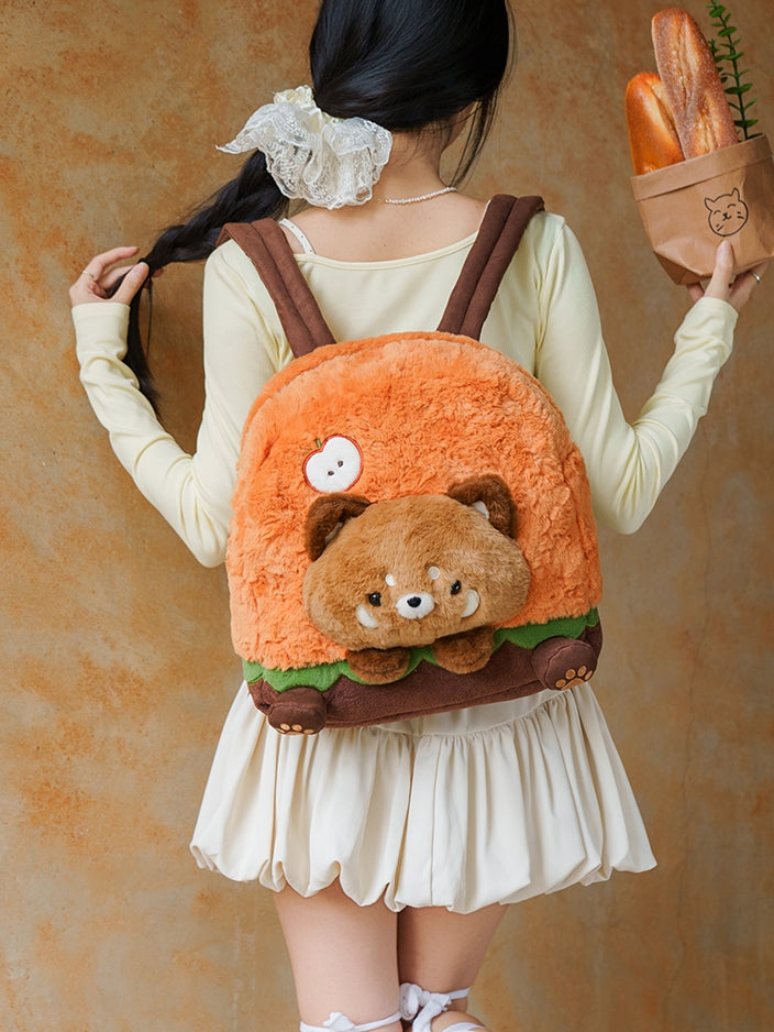 Brown&Orange Apple Design Cute Plush Hamburger Red Panda Backpack Middle/Large Size