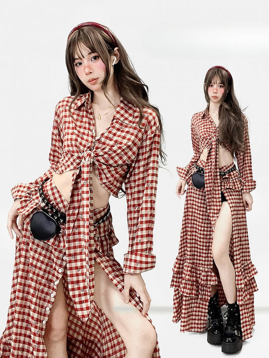 Red Plaid Pattern Floral Print Twist Details Shirt + Thigh-high Slit High-low Skirt