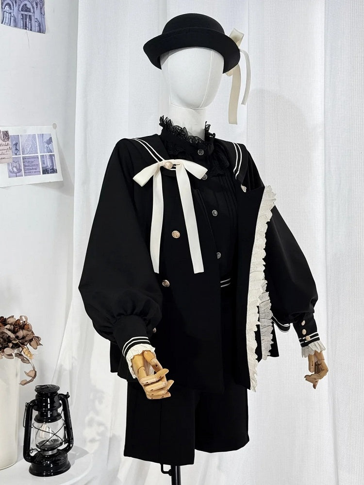 Ouji Lolita Black Preppy Ensemble: Sailor Collar Top and Shorts Set with Beige Lace Detail