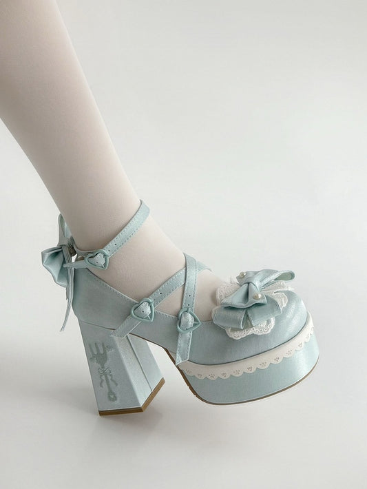 Blue Lolita Lace Bowknot Buckle Straps Fork Embroidery Platform Block High Heels