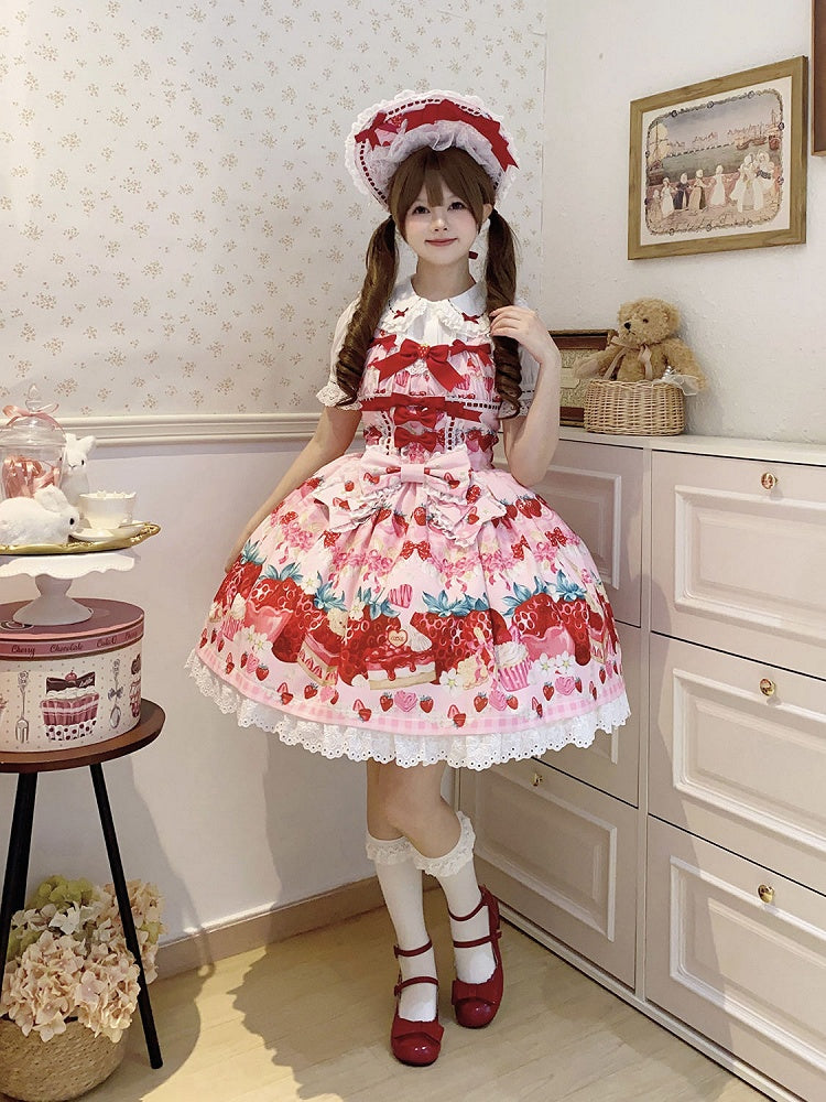 Strawberry and Dessert Print Pink Sweet Lolita Dress