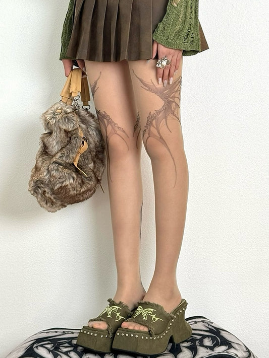 Nude Y2K Wings Print Tights