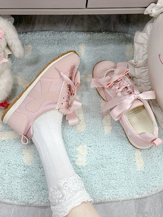 Pink Sweet Lolita Sneakers - Beads Decor Detachable Bow with Lace-Up Design