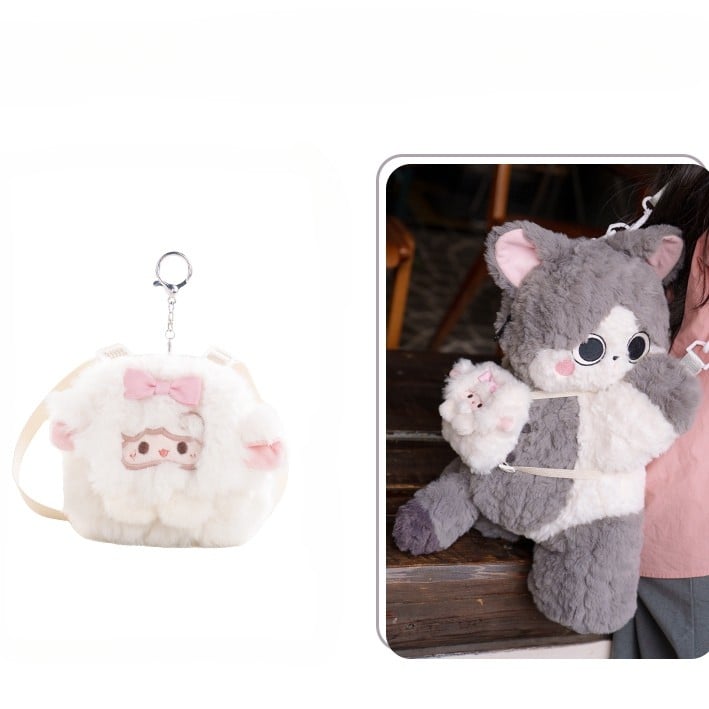 Gray Cute Plush Kitty Backpack/Crossbody Bag + Plush Backpack Keychain