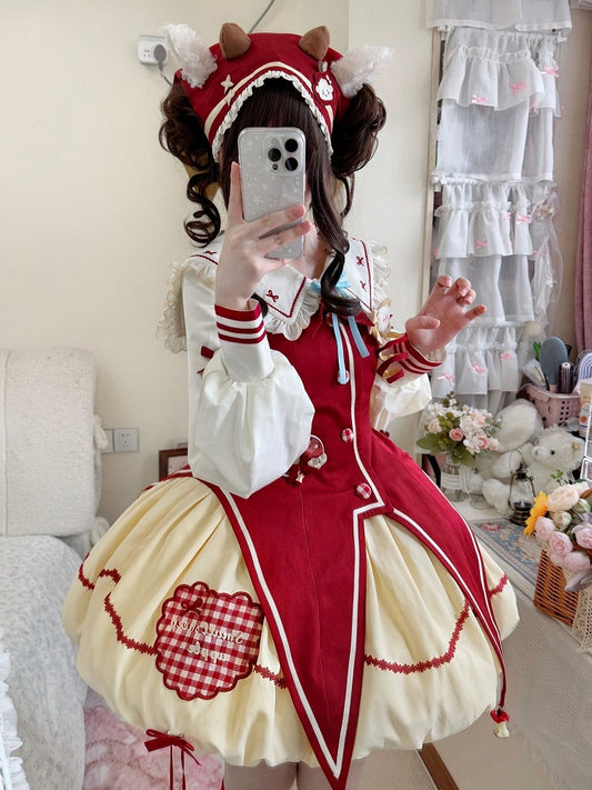 Red & White Ruffled Trim Lolita Triangular Headscarf with Sheep Ear Details