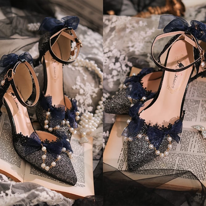 Dark Blue Beaded Chain Pointed Toe Hime Lolita Middle Heels