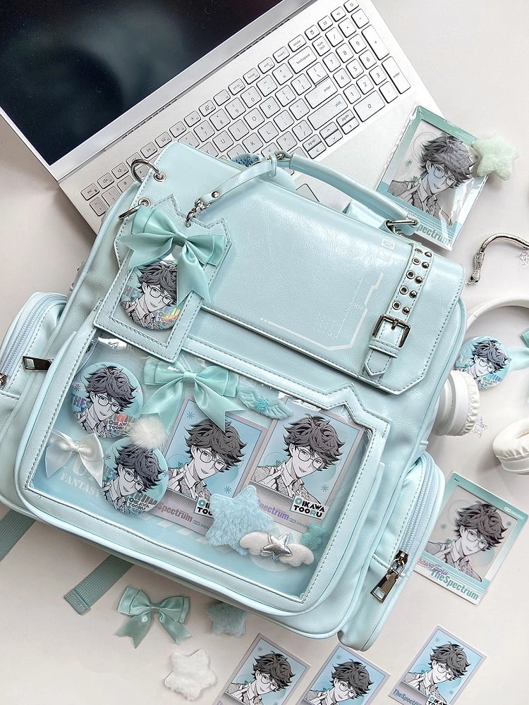 Green Cute Kitty Ear Design PU Ita Backpack with Card Holder Charm