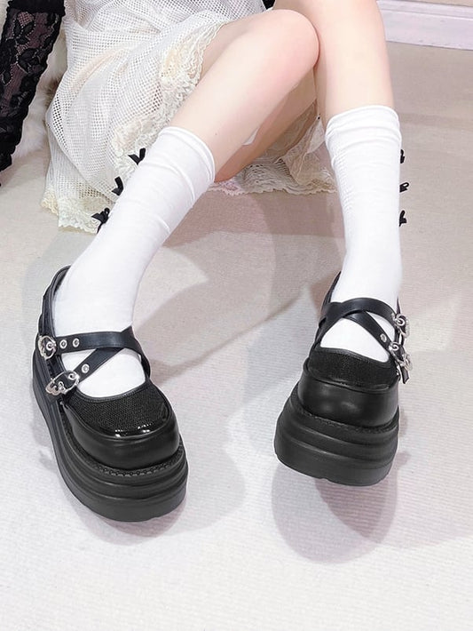 Black Crisscross Design Wing Buckles Platforms