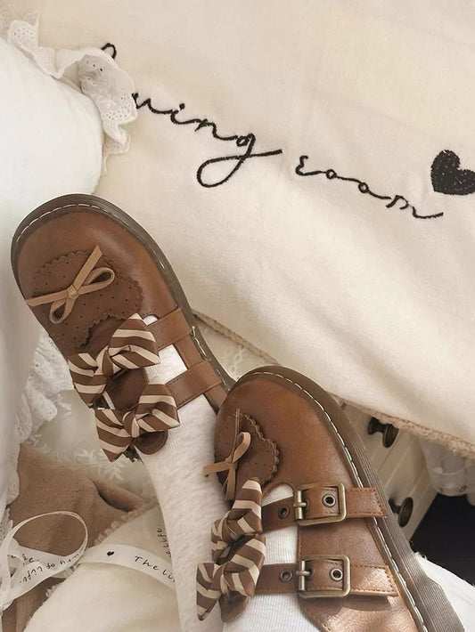 Brown Striped Pattern Bowknot Details Bear Design Lolita Flats