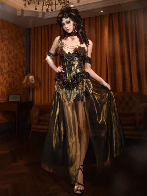 Black and Gold Gorgeous Tassels Boned Corset Top / Corset Top + Gold Chiffon Skirt