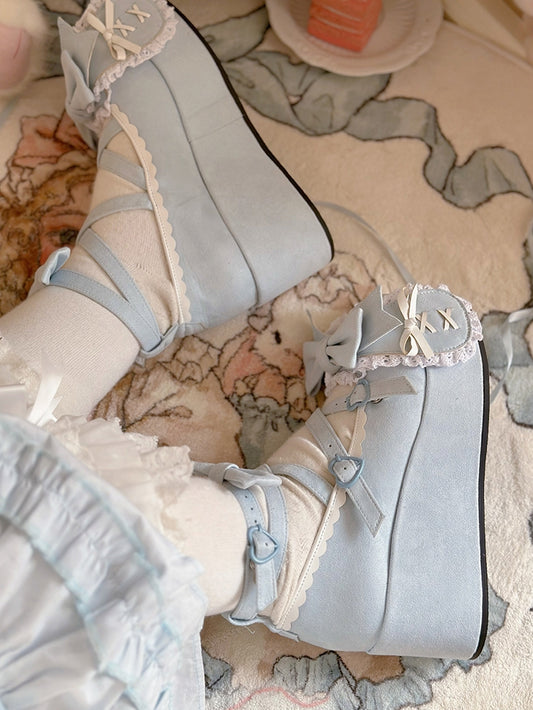 Blue Crisscross Design Bunny Ear Bowknot Sweet Lolita 6.5CM Platforms