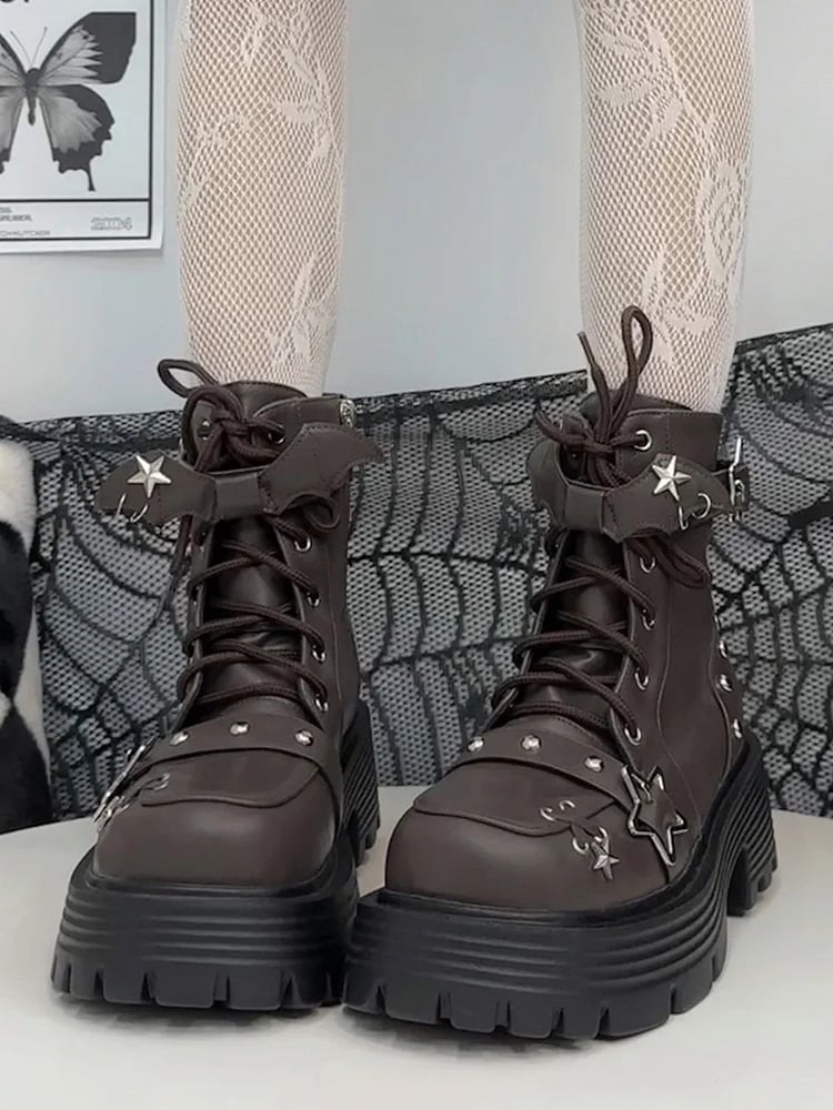 Brown Star Buckle Straps Bat Wings Y2K Platform Ankle Boots