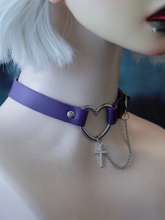 Purple Gothic Cross And Chain Pendant Heart Choker