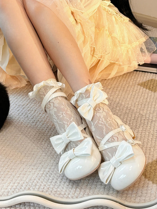 Crisscross Straps White Bow Accents Mary Janes Sweet Middle Heels