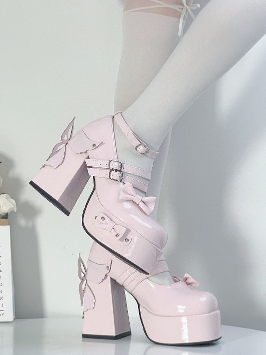 Pink Bowknot Stud Butterfly Design Platform High Block Heels Lolita Shoes