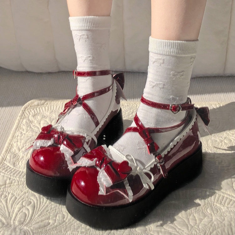 5CM Wine Red Bow at Top Crisscross Design Sweet Lolita Platforms