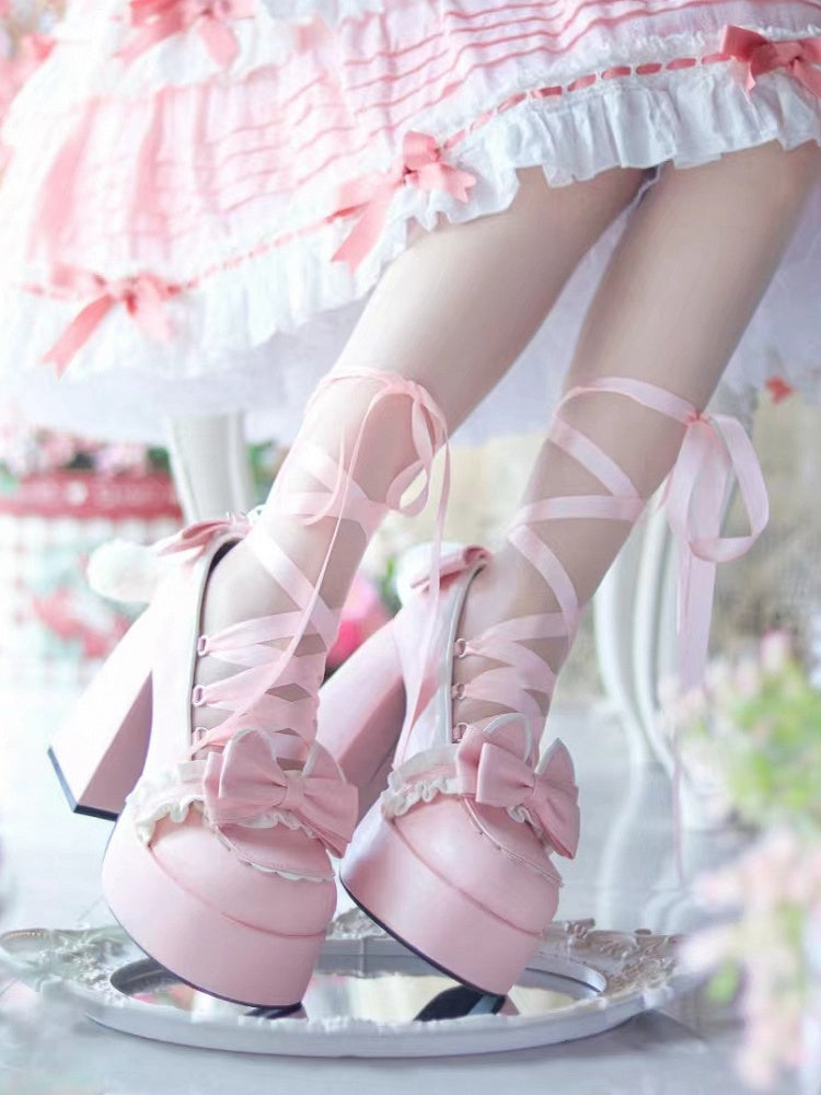 Cute Kitty Tails Pink Bow at Top Sweet Lolita Platform High Heels Lace-up at Ankle