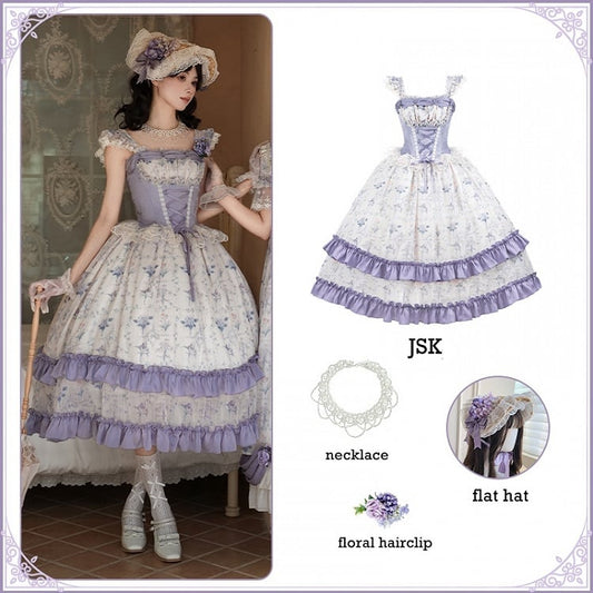 Iris Print Purple Boned Corset Bodice Floral Dress Classic Lolita JSK Full Set
